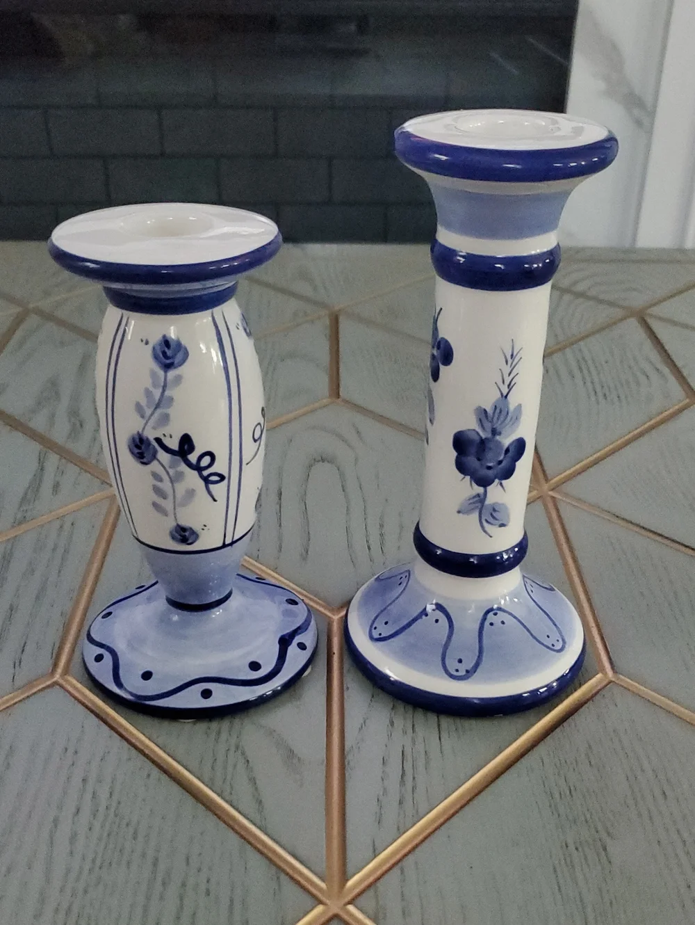 Vintage Blue & White Ceramic Floral Candlestick Holder - Home Accents